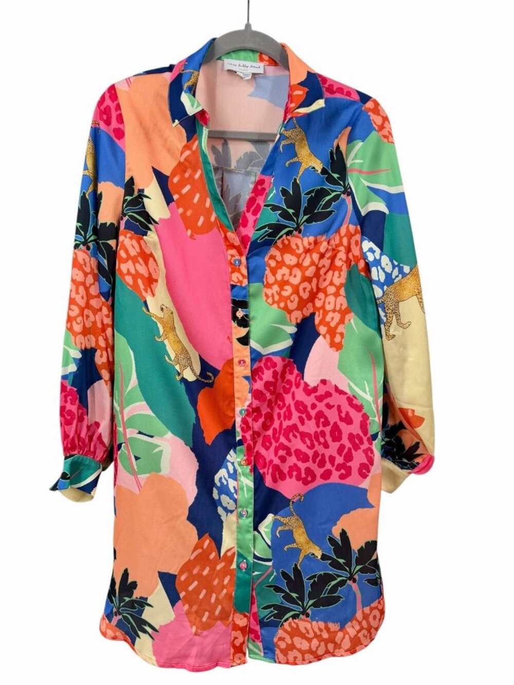NEVER FULLY DRESSED Women's Bright Multicolor Front Button Silky Shirt Dress Med